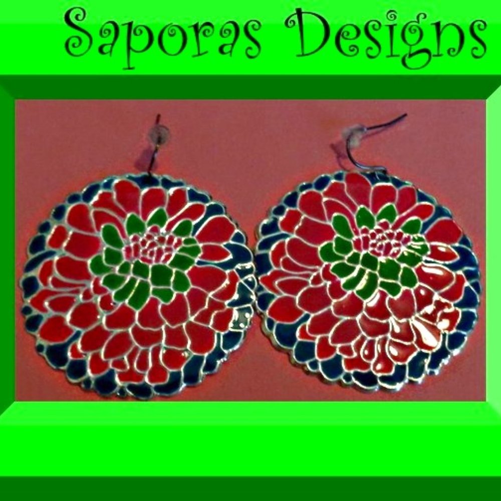 Flower Floral Round Circle Dangle Design Earrings Pink Green & Blue In Color